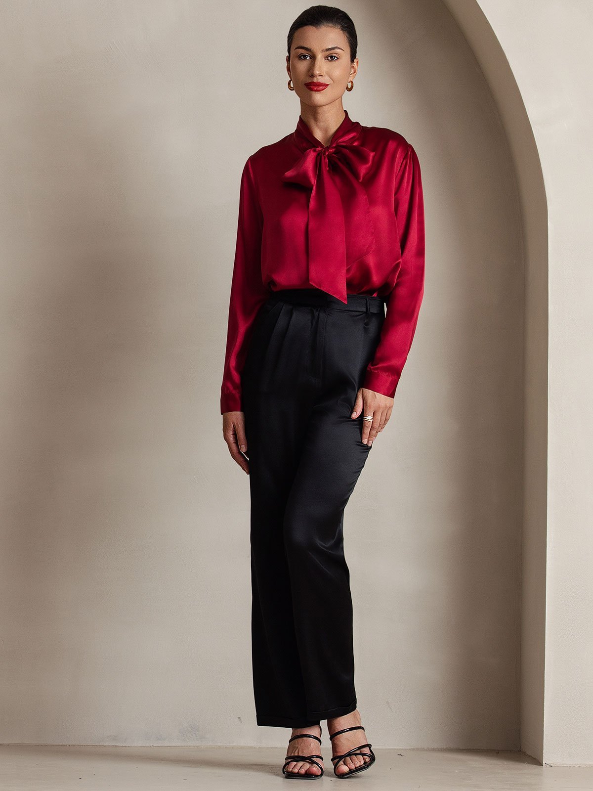 19Momme Silk Long Sleeve Tie Neck Blouse - Image 29