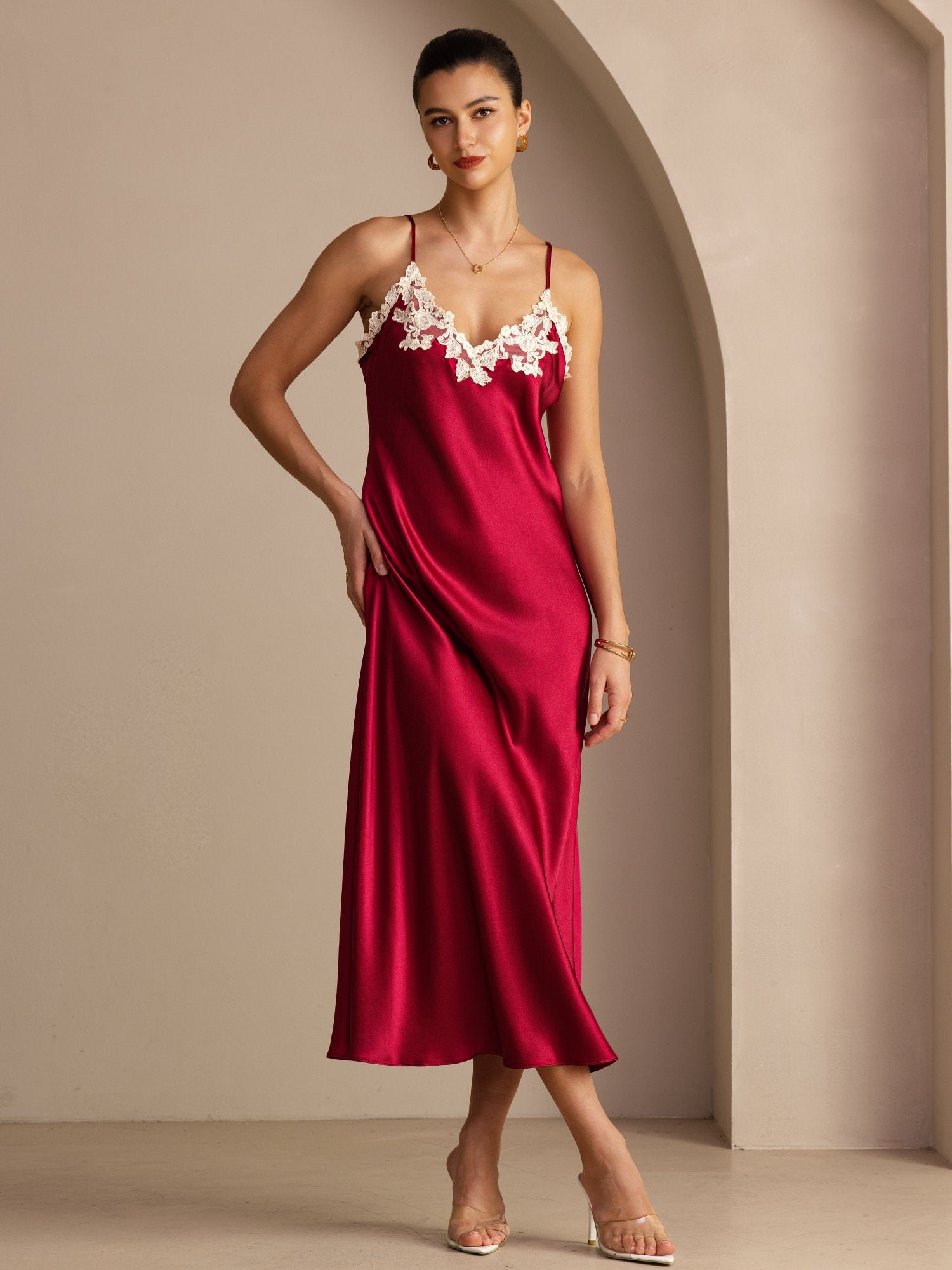 Pure Silk Spaghetti Strap V Neck Midi Dress with Lace V-Back Design - Image 22