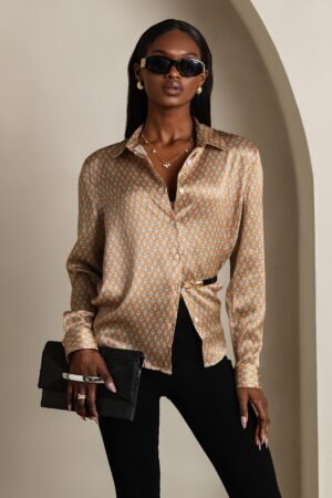 19Momme Silk Geometric Print Long Sleeve Lapel Collar Women's Shirt