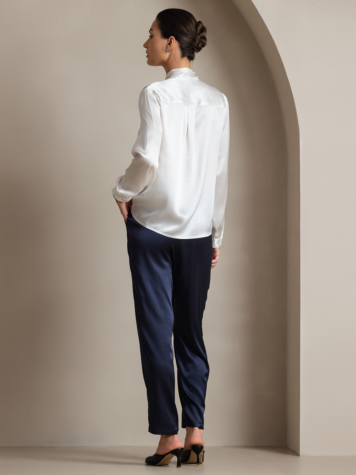 19Momme Silk Long Sleeve Tie Neck Blouse - Image 2