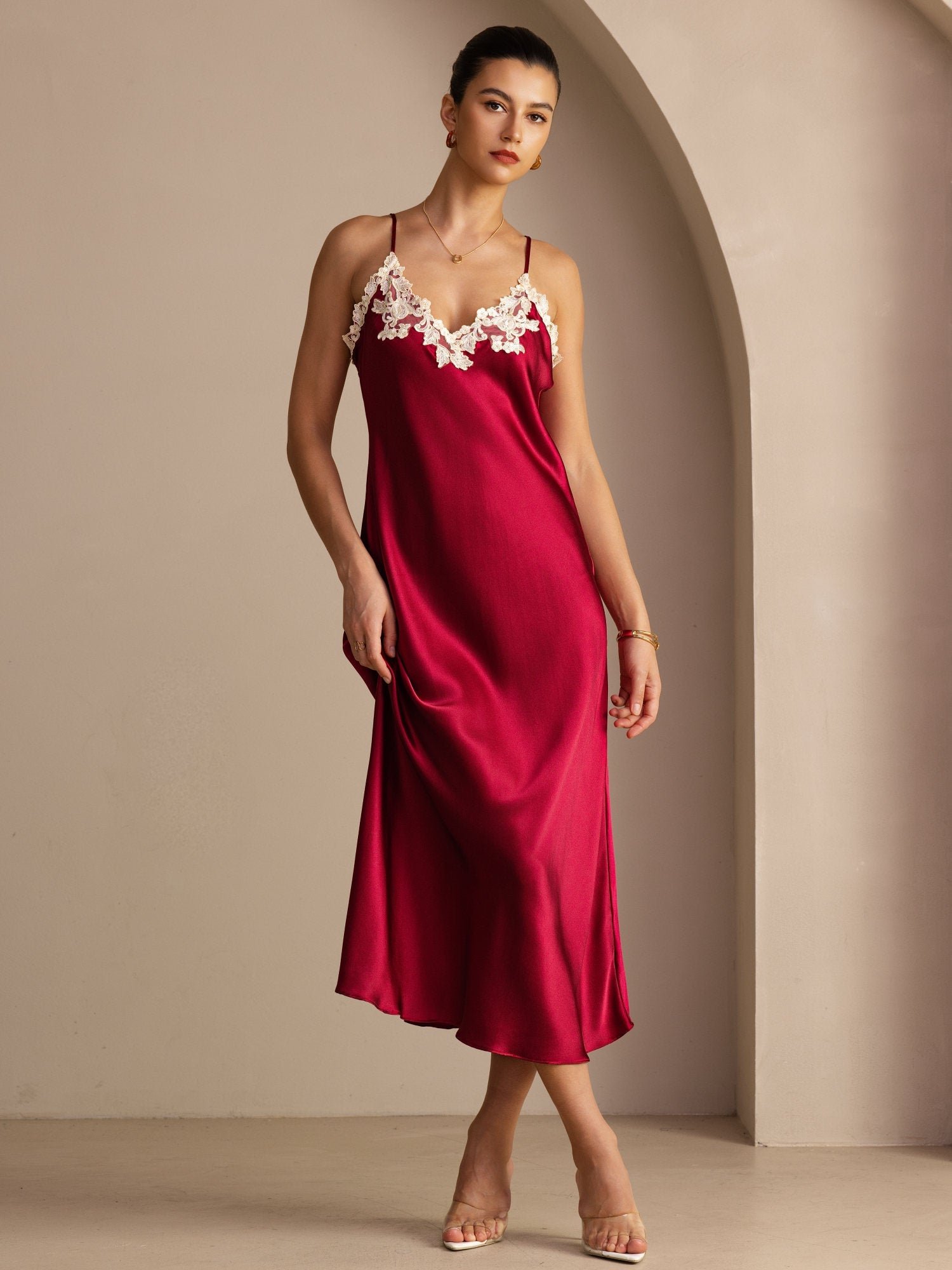 Pure Silk Spaghetti Strap V Neck Midi Dress with Lace V-Back Design - Image 20