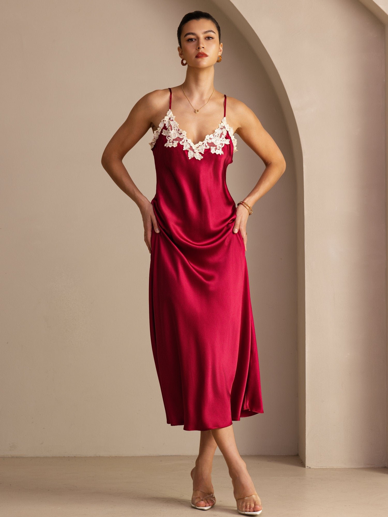 Pure Silk Spaghetti Strap V Neck Midi Dress with Lace V-Back Design - Image 24