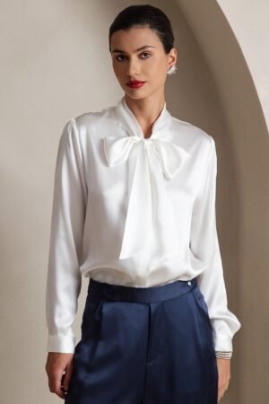 19Momme Silk Long Sleeve Tie Neck Blouse