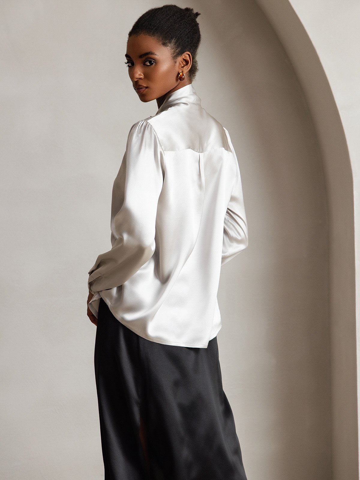 19Momme Silk Long Sleeve Tie Neck Blouse - Image 10