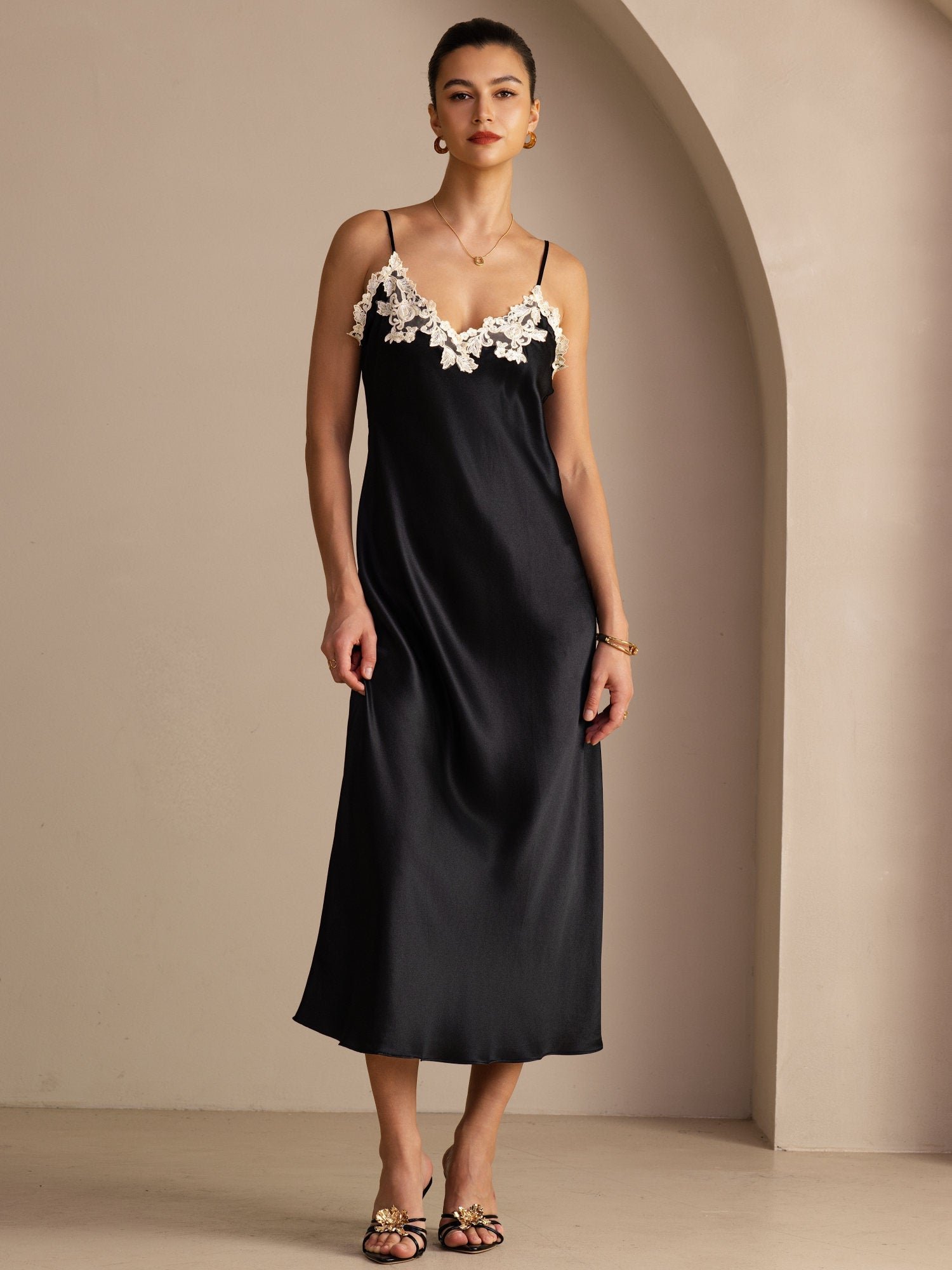 Pure Silk Spaghetti Strap V Neck Midi Dress with Lace V-Back Design - Image 14