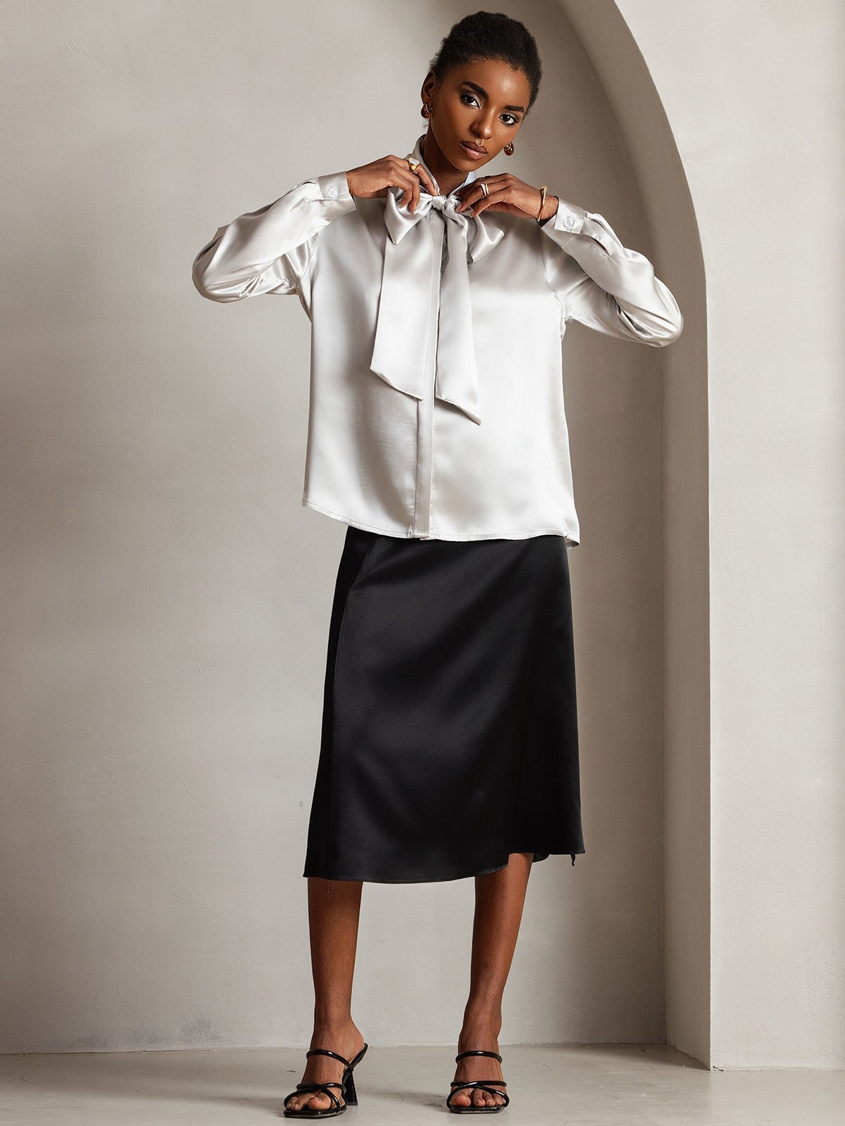 19Momme Silk Long Sleeve Tie Neck Blouse - Image 13