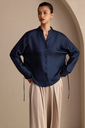 100% Mulberry Silk Women's Split Neck Long Sleeve Blouse With Drawstring