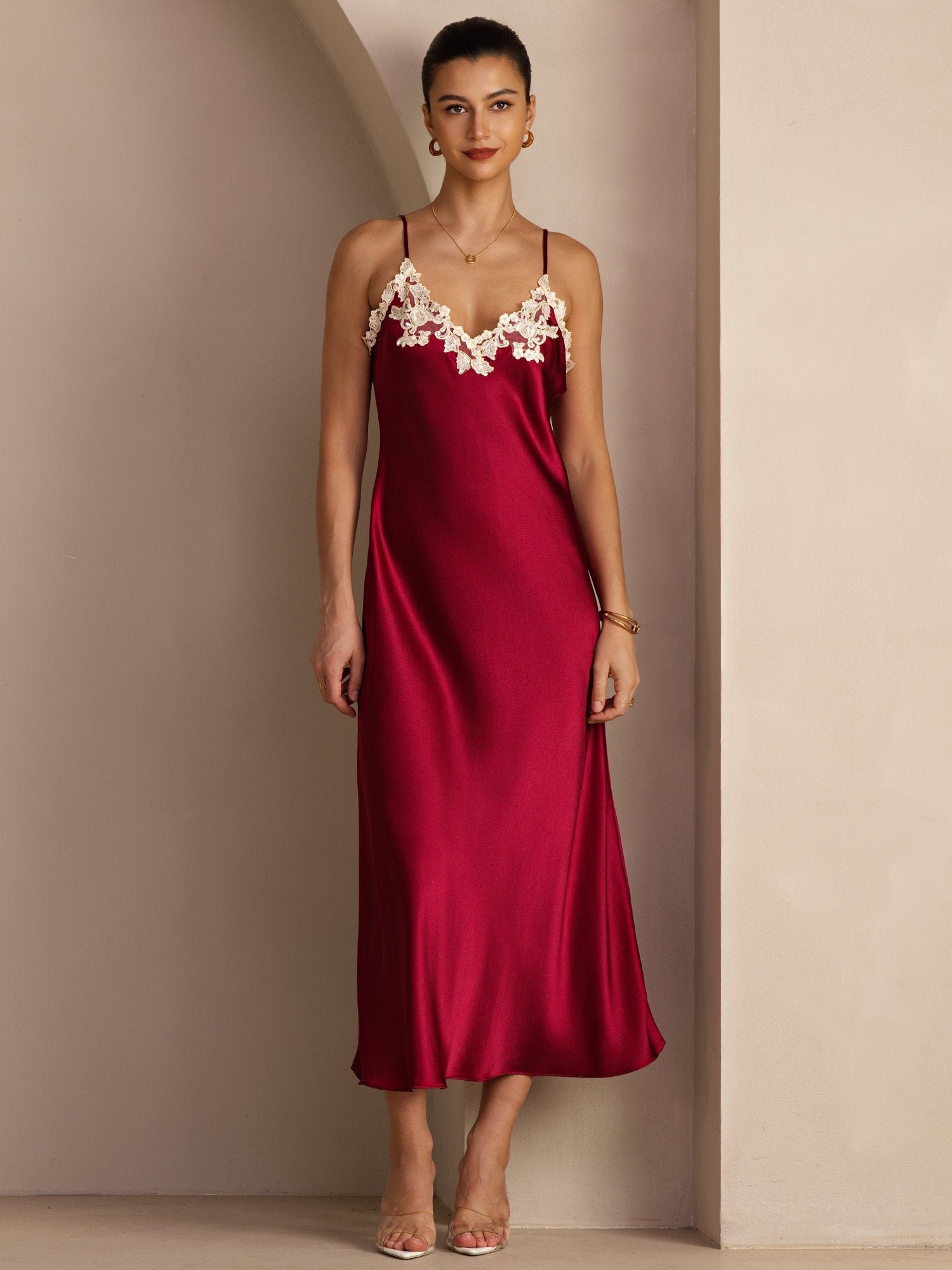 Pure Silk Spaghetti Strap V Neck Midi Dress with Lace V-Back Design - Image 25