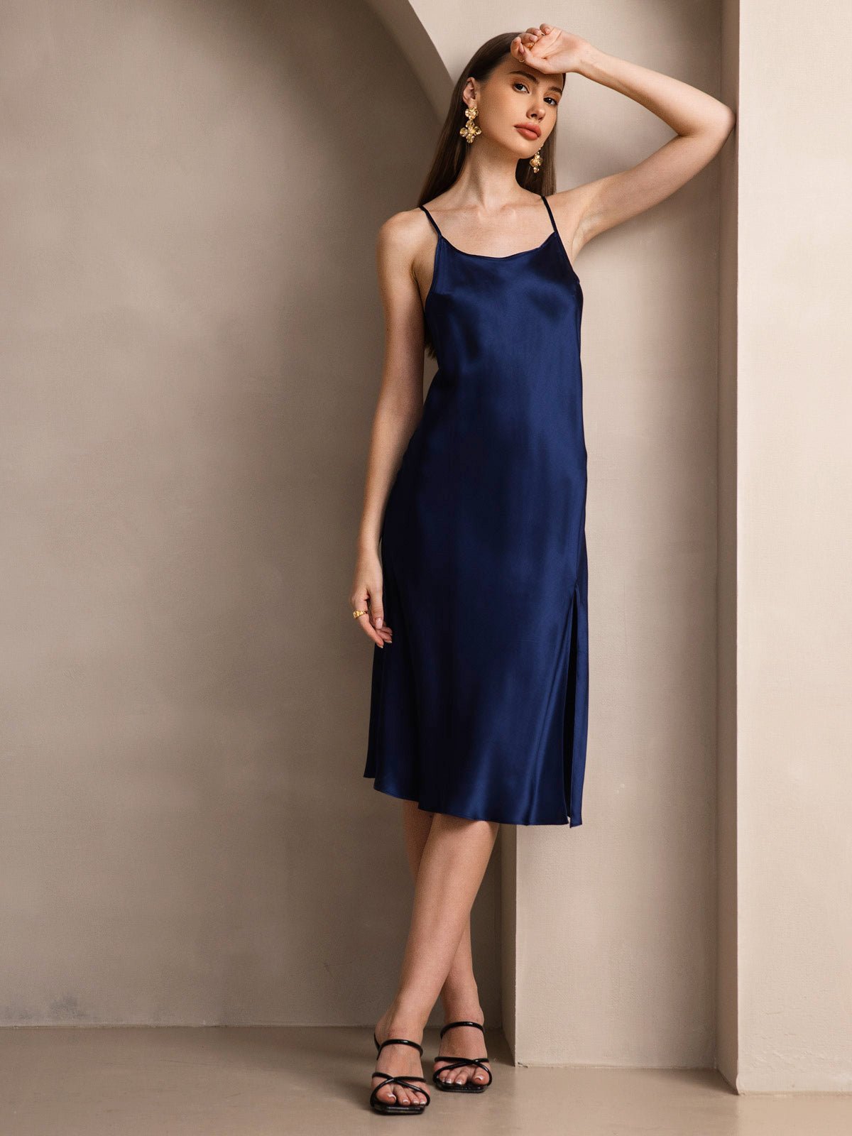 Pure Silk Spaghetti Strap U Neck Knee Dress with Split Criss Cross V-Back Design - Image 25