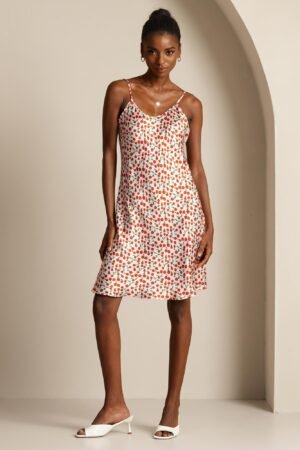 Silk Spaghetti Strap Cherry Print Short Dress
