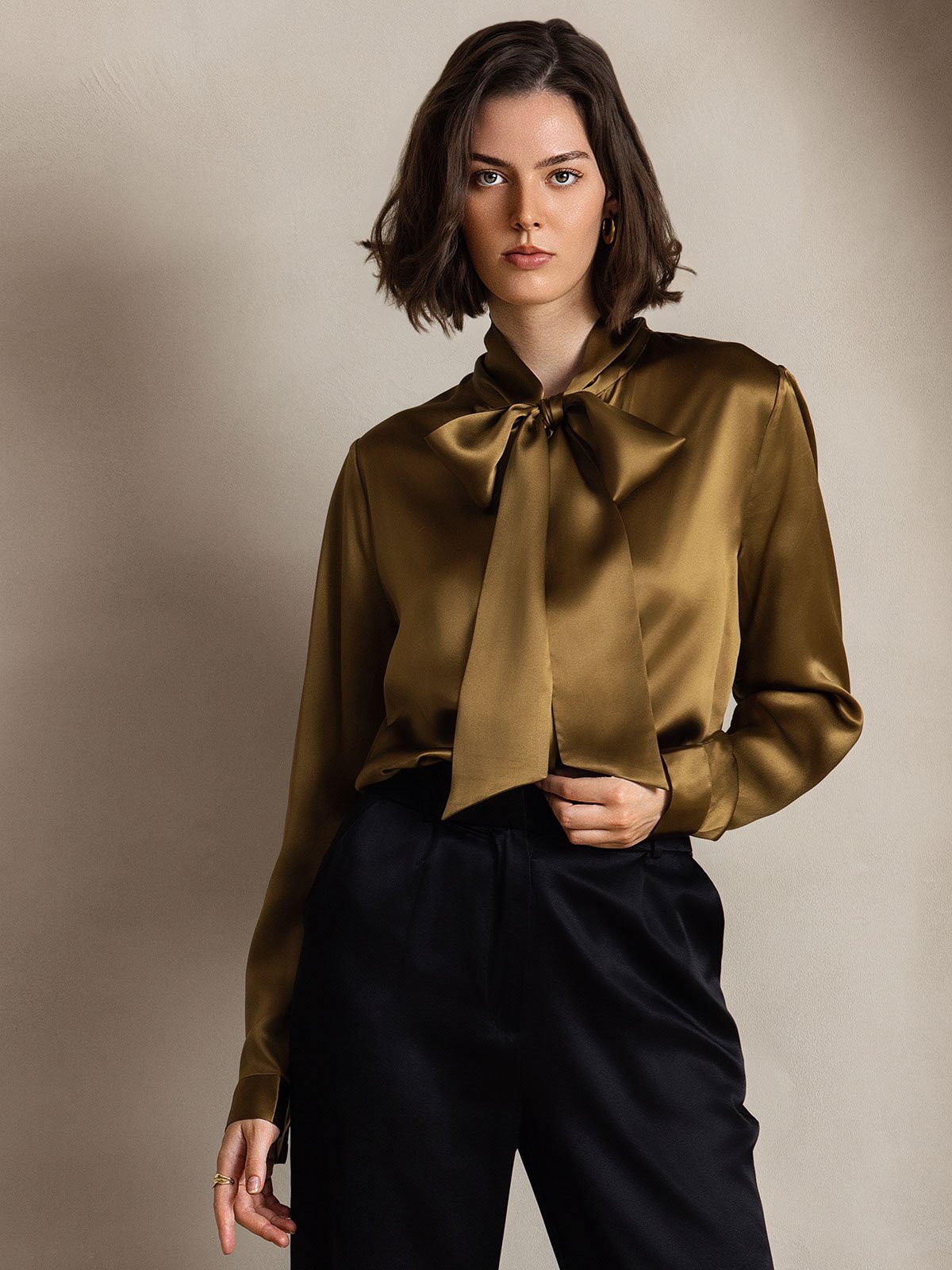 19Momme Silk Long Sleeve Tie Neck Blouse - Image 22