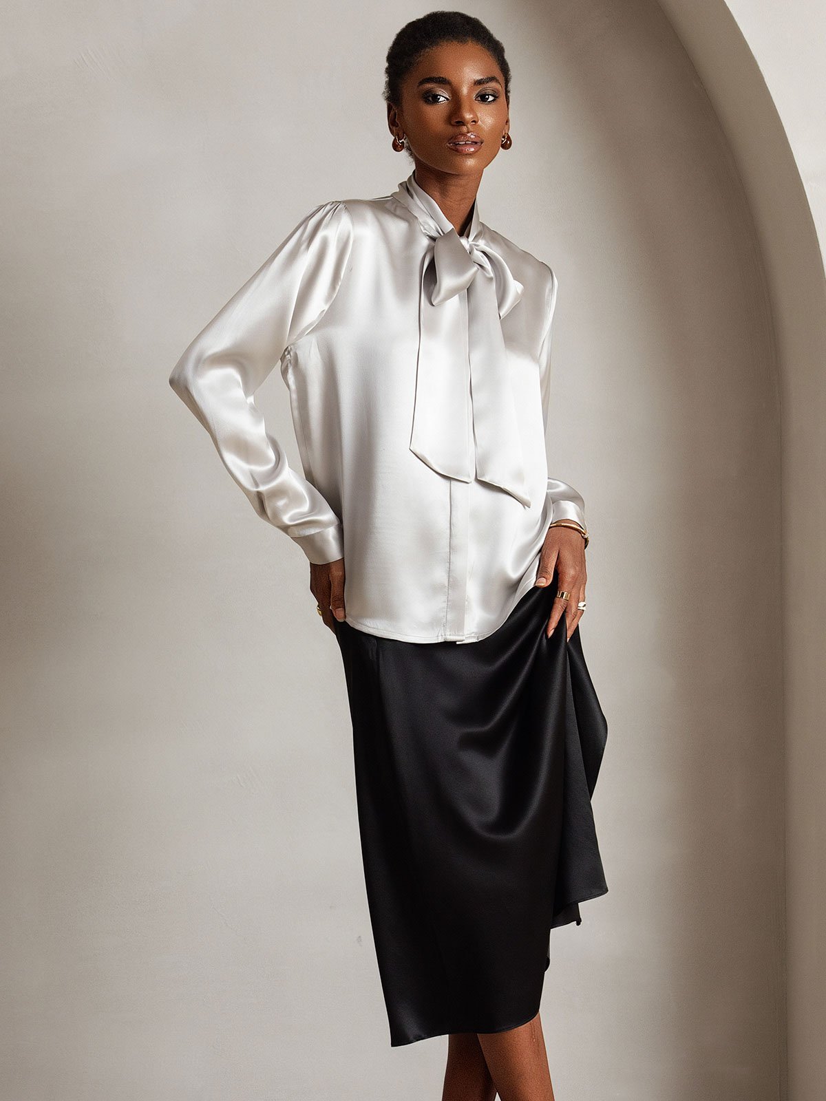 19Momme Silk Long Sleeve Tie Neck Blouse - Image 12