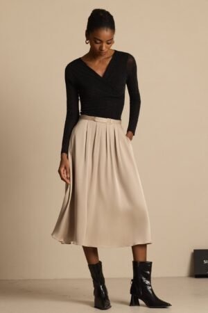 19Momme Silk High Waist A-Line Pleated Midi Skirt with Pockets