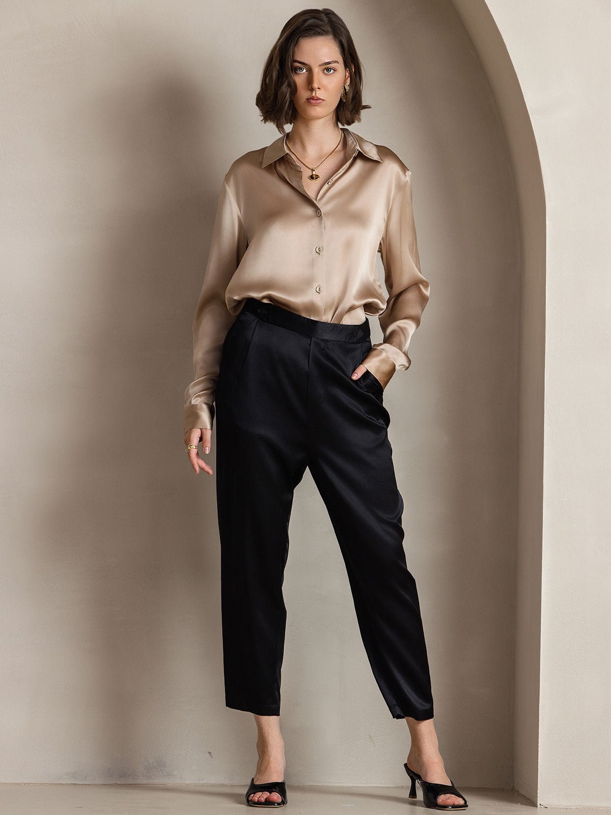 19Momme Silk Long Sleeve Lapel Collar Women's Shirt - Image 9