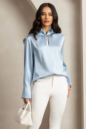 19Momme Silk Keyhole Neck Blouse with Pearl Buttons