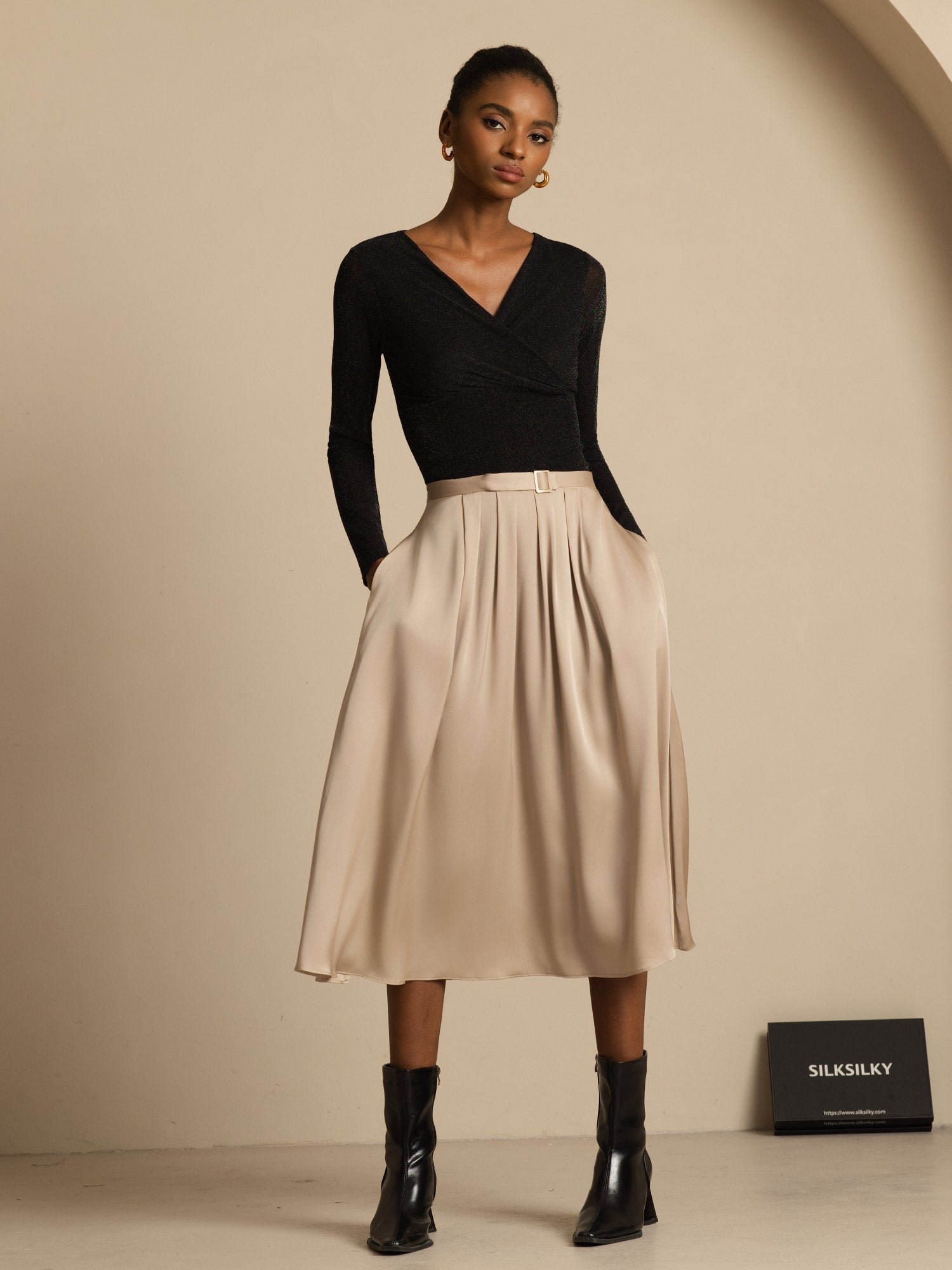 19Momme Silk High Waist A-Line Pleated Midi Skirt with Pockets - Image 6