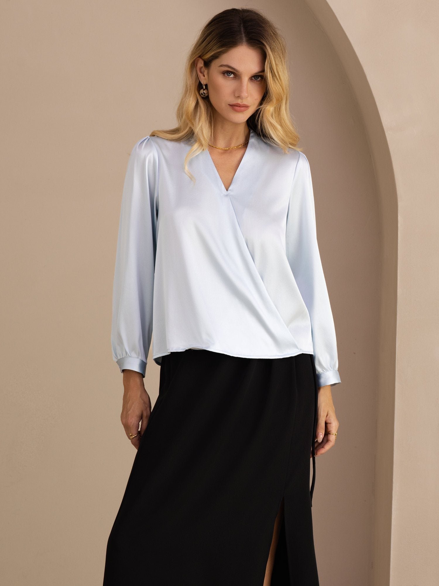 19Momme Silk Women's Wrap Neck Long Sleeve Blouse