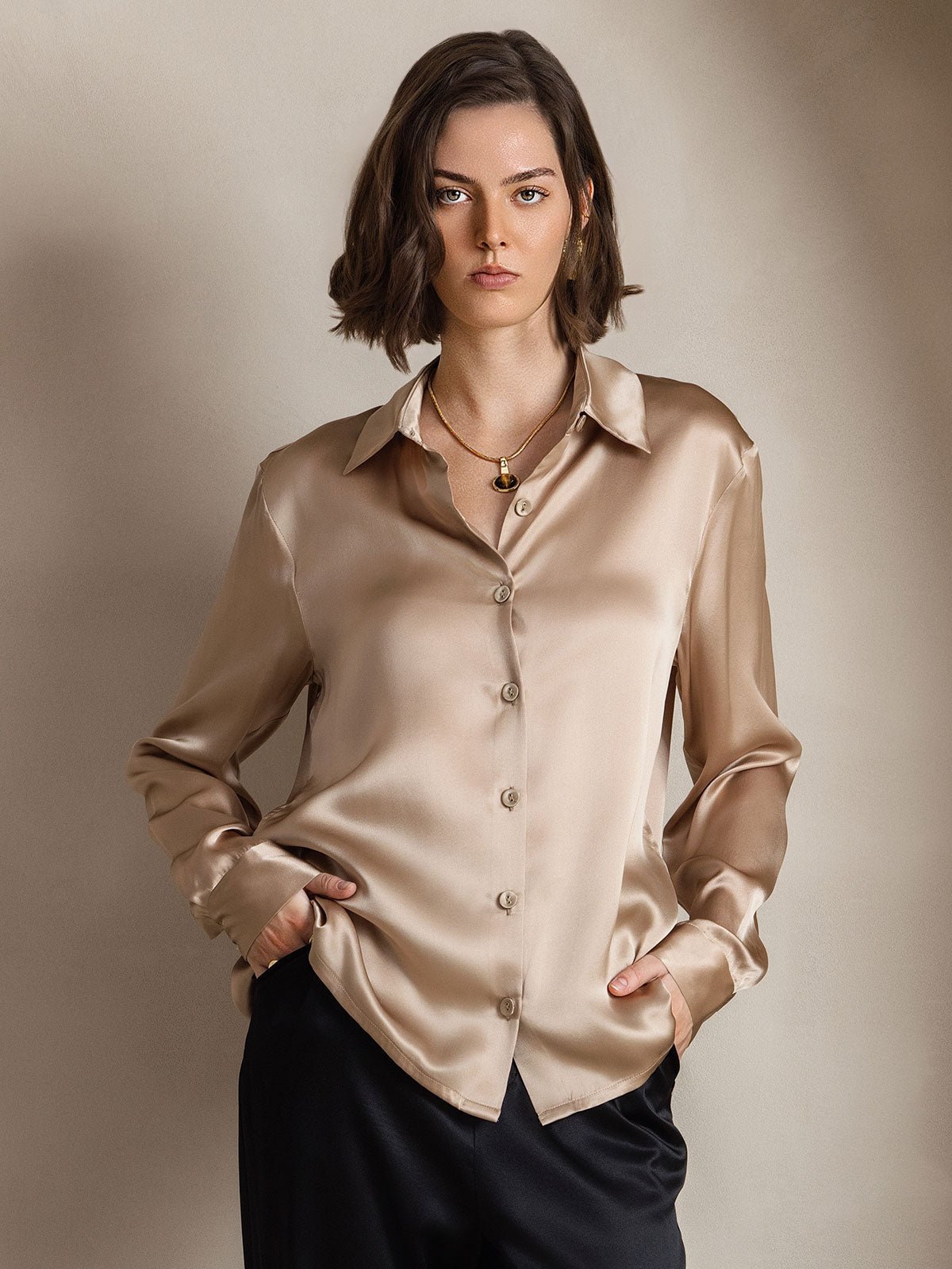 19Momme Silk Long Sleeve Lapel Collar Women's Shirt - Image 7