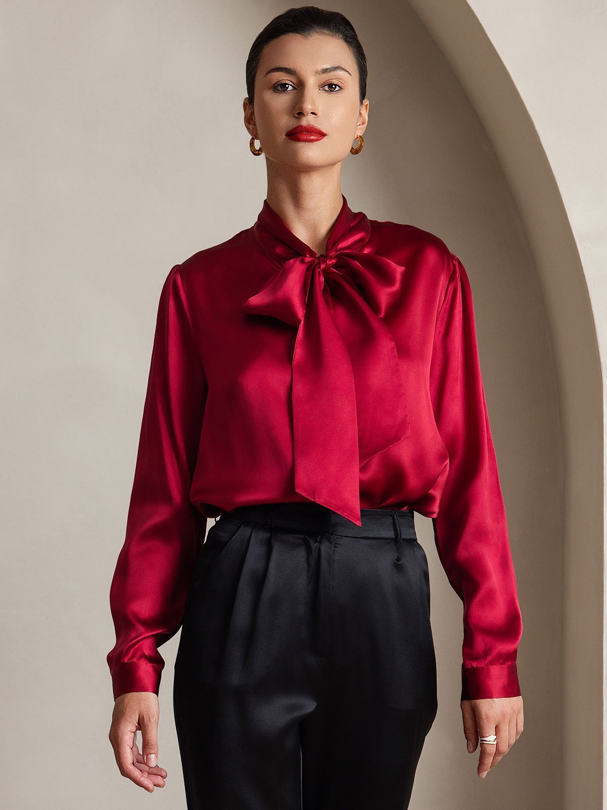 19Momme Silk Long Sleeve Tie Neck Blouse - Image 24