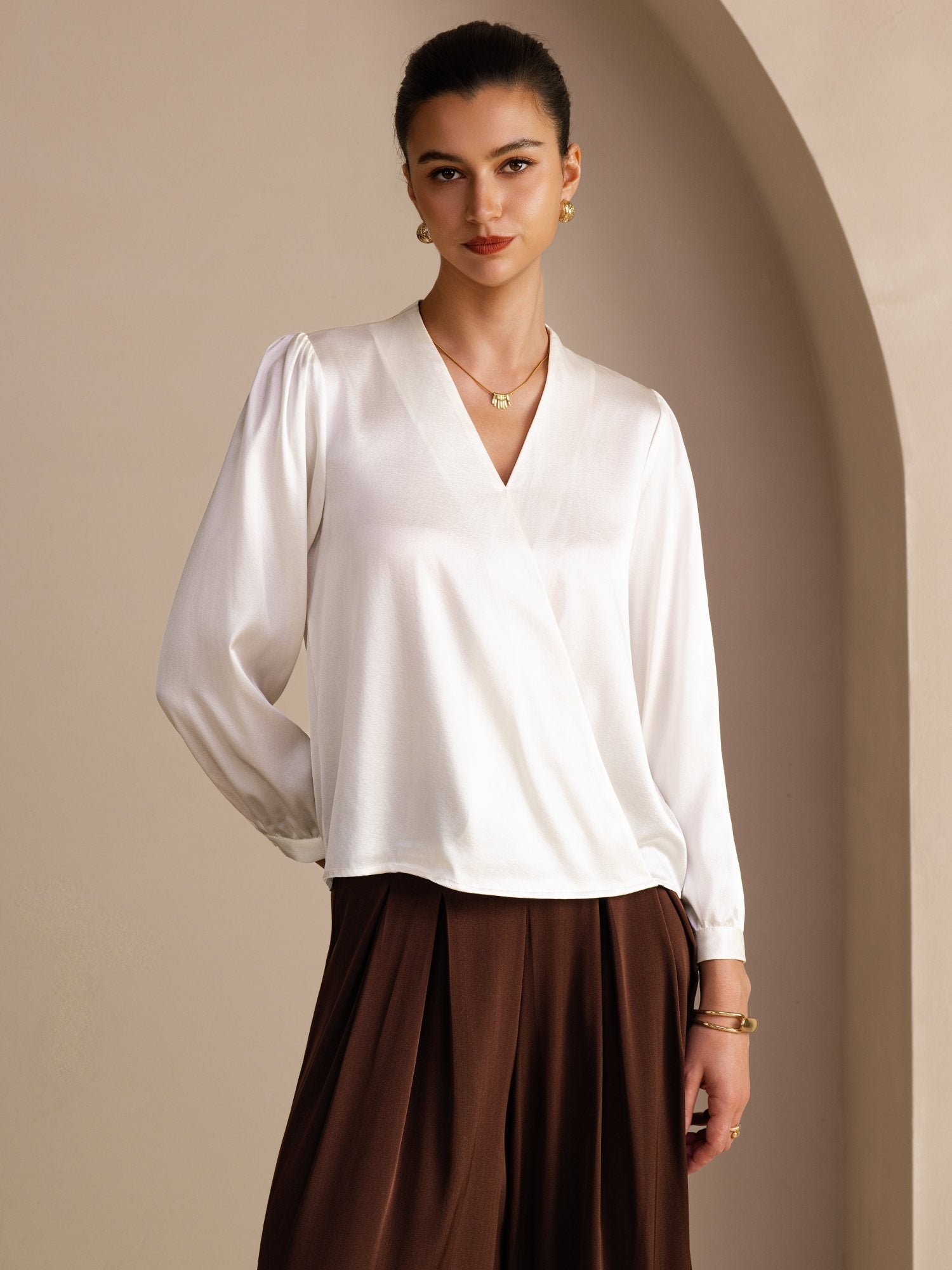 19Momme Silk Women's Wrap Neck Long Sleeve Blouse - Image 16