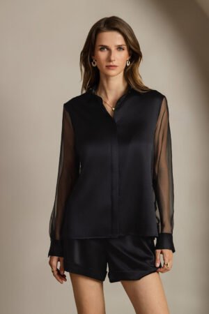 Women's 19Momme Silk Sheer Sleeve Lapel Collar Shirt