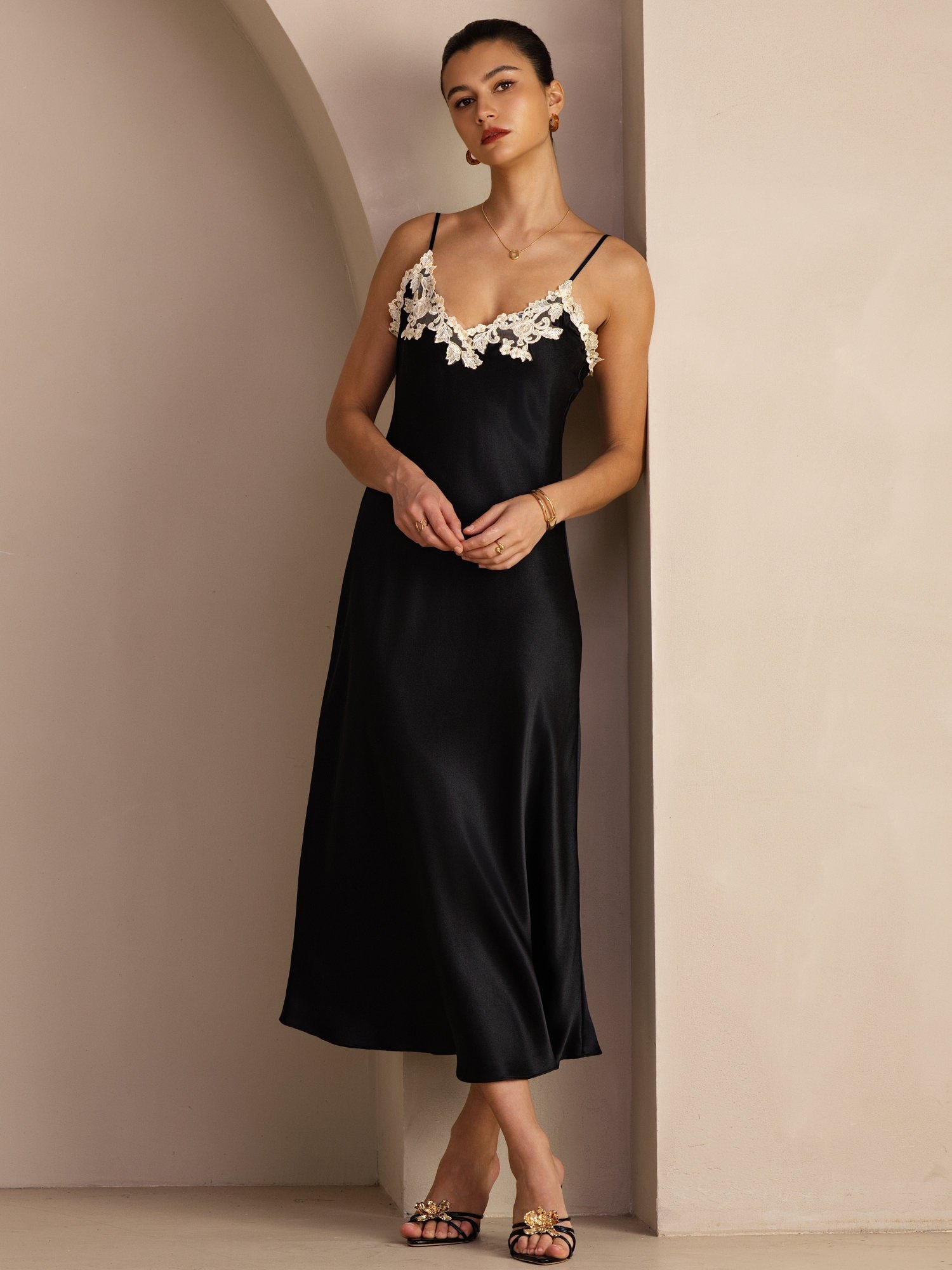 Pure Silk Spaghetti Strap V Neck Midi Dress with Lace V-Back Design - Image 16