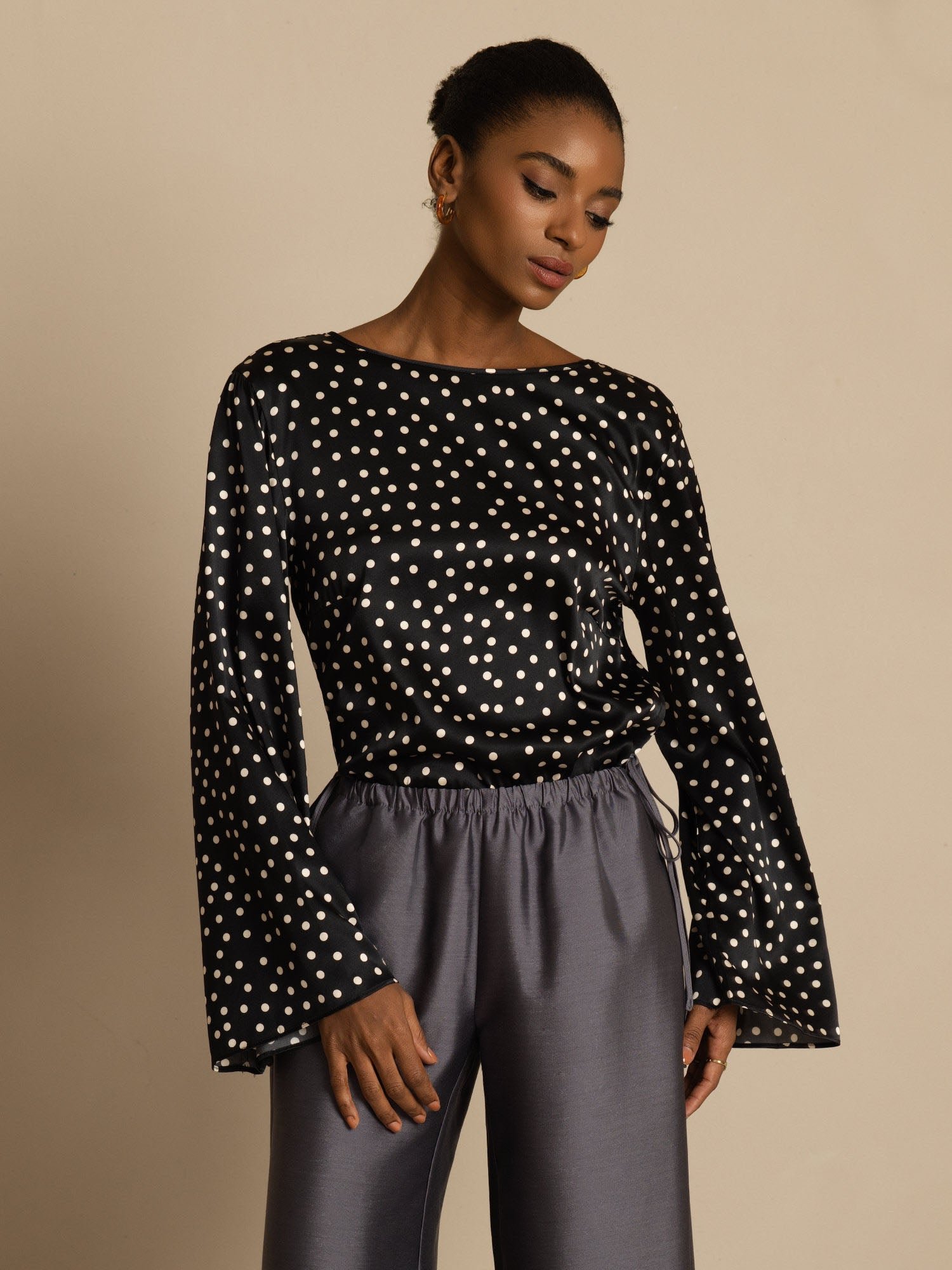 19Momme Women's Silk Polka Dot Print Bell Sleeve Boat Neck Top - Image 4