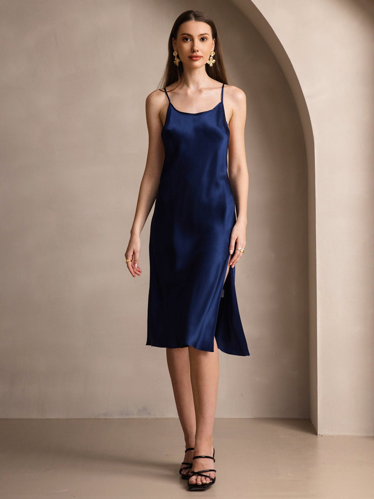 Pure Silk Spaghetti Strap U Neck Knee Dress with Split Criss Cross V-Back Design - Image 22