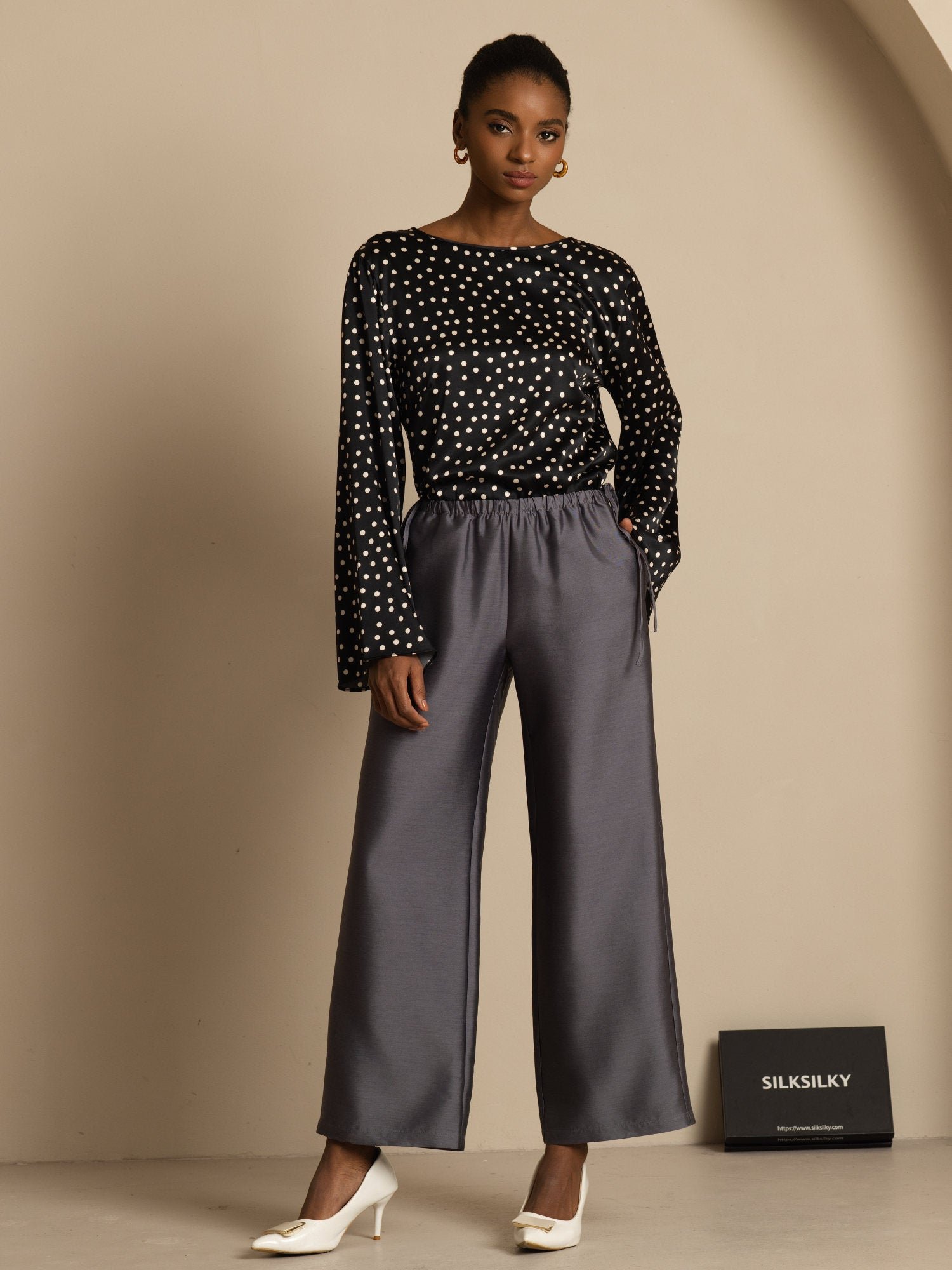 19Momme Women's Silk Polka Dot Print Bell Sleeve Boat Neck Top - Image 8