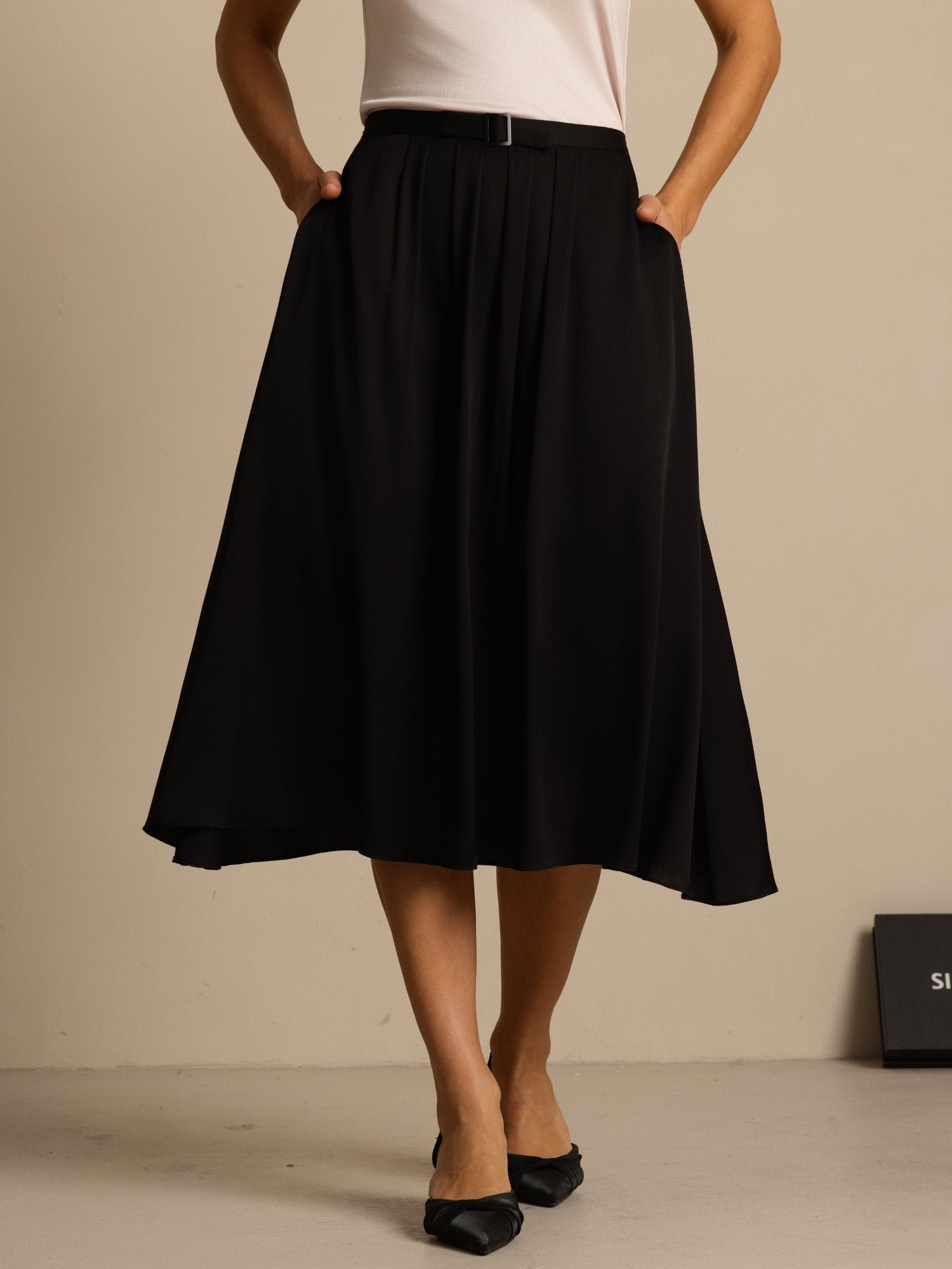 19Momme Silk High Waist A-Line Pleated Midi Skirt with Pockets - Image 8