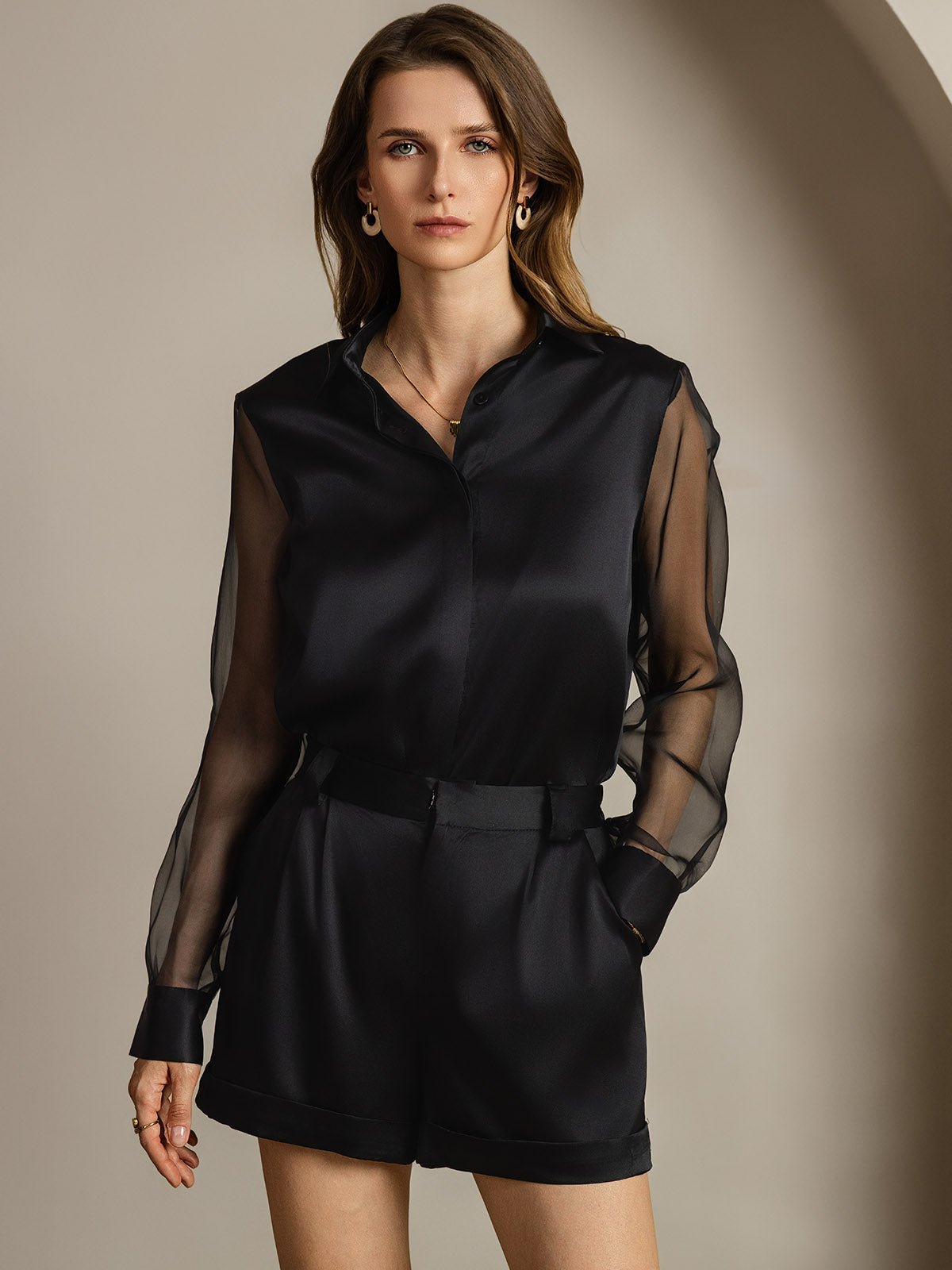 Women's 19Momme Silk Sheer Sleeve Lapel Collar Shirt - Image 5