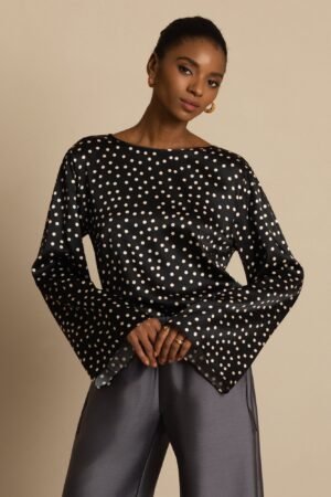 19Momme Women's Silk Polka Dot Print Bell Sleeve Boat Neck Top