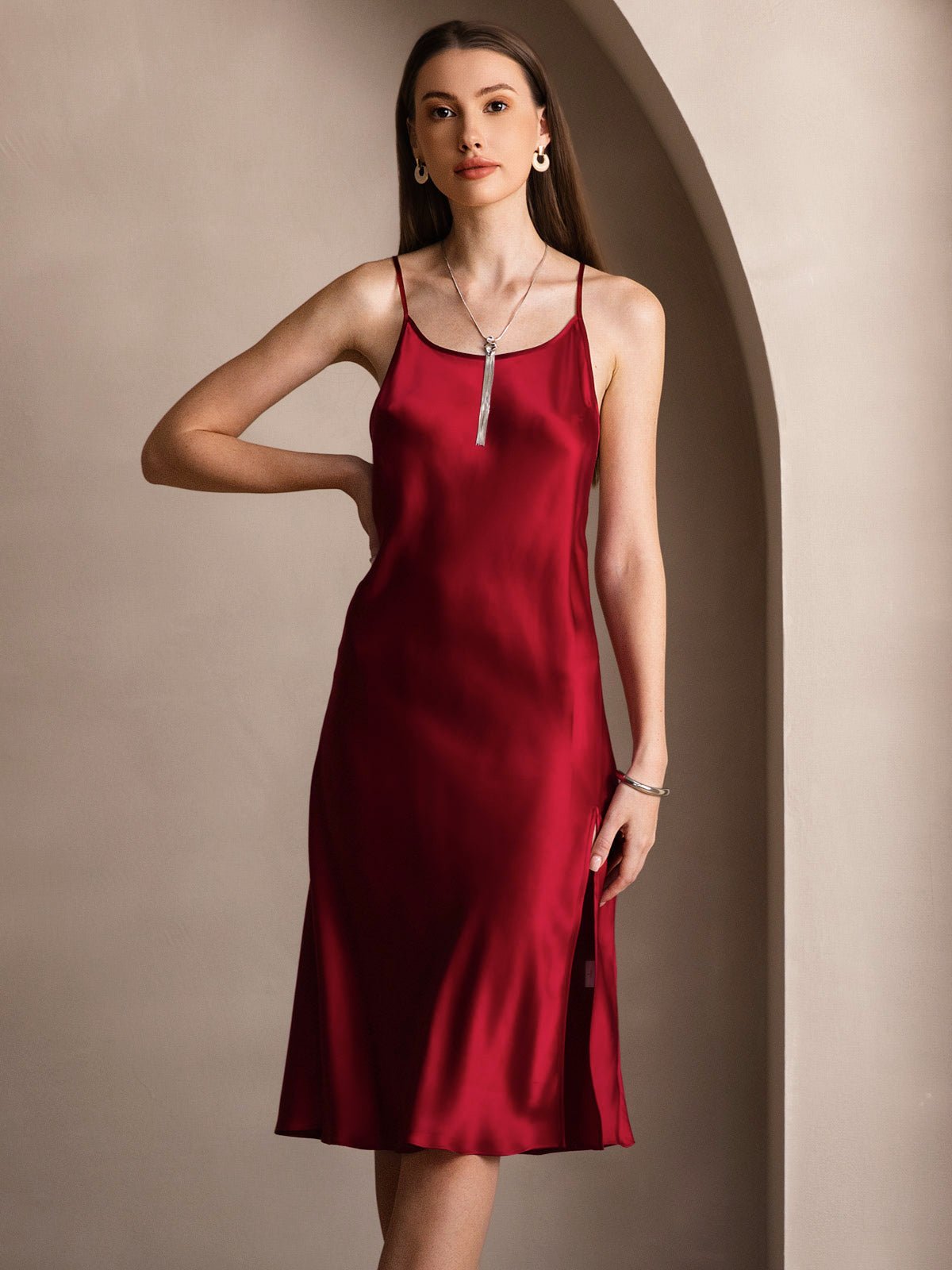 Pure Silk Spaghetti Strap U Neck Knee Dress with Split Criss Cross V-Back Design - Image 19