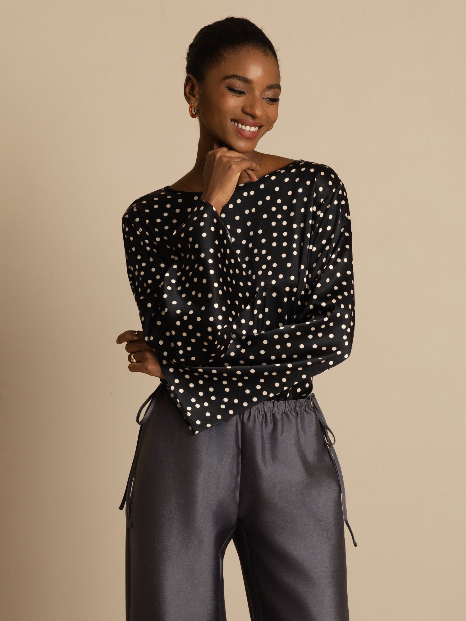 19Momme Women's Silk Polka Dot Print Bell Sleeve Boat Neck Top - Image 3