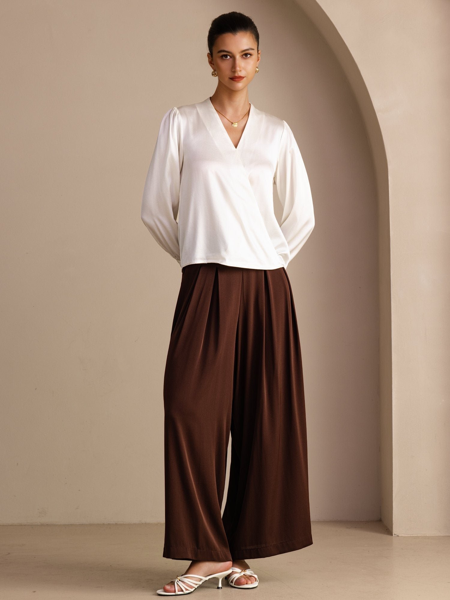 19Momme Silk Women's Wrap Neck Long Sleeve Blouse - Image 19