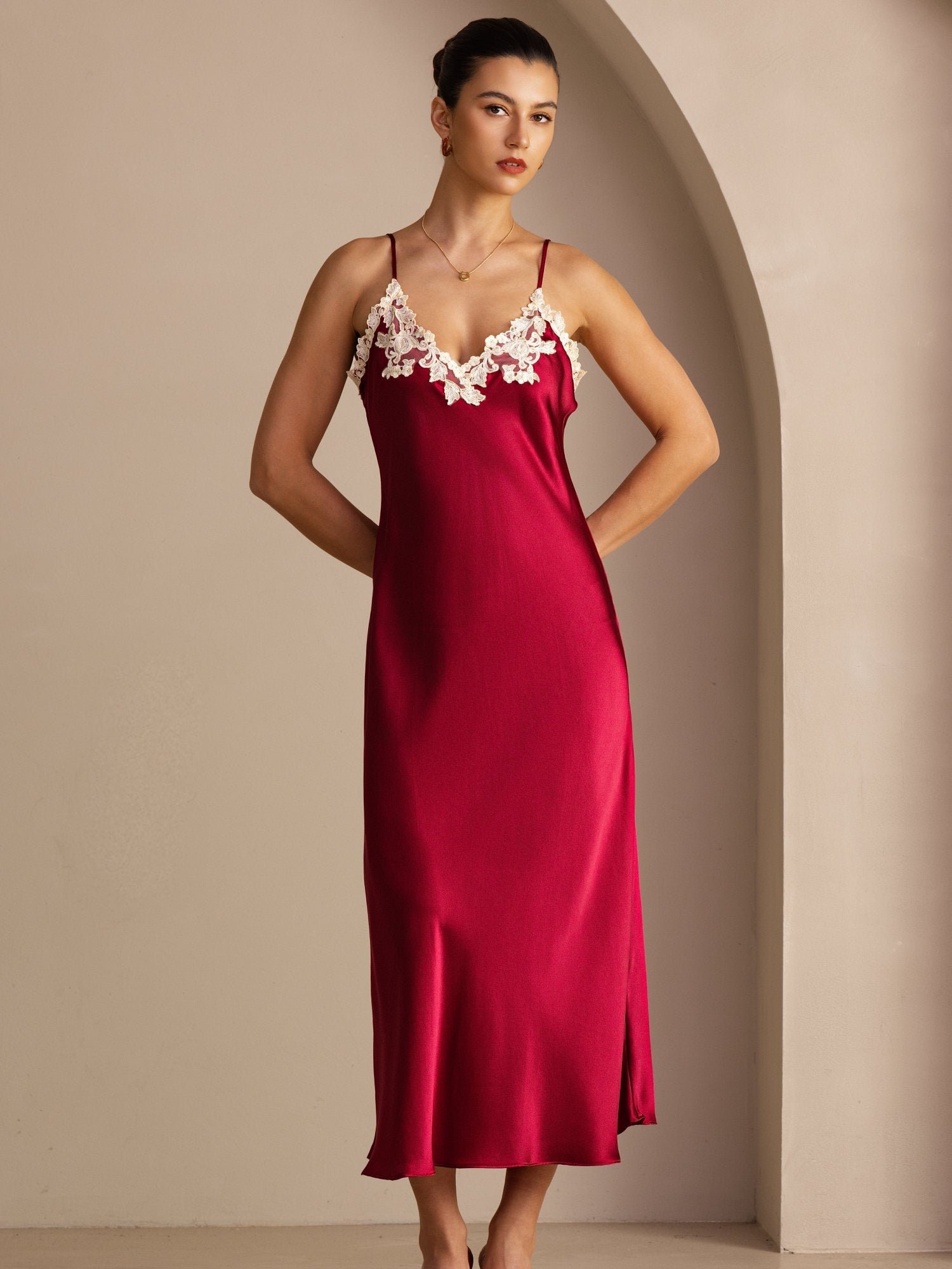 Pure Silk Spaghetti Strap V Neck Midi Dress with Lace V-Back Design - Image 26