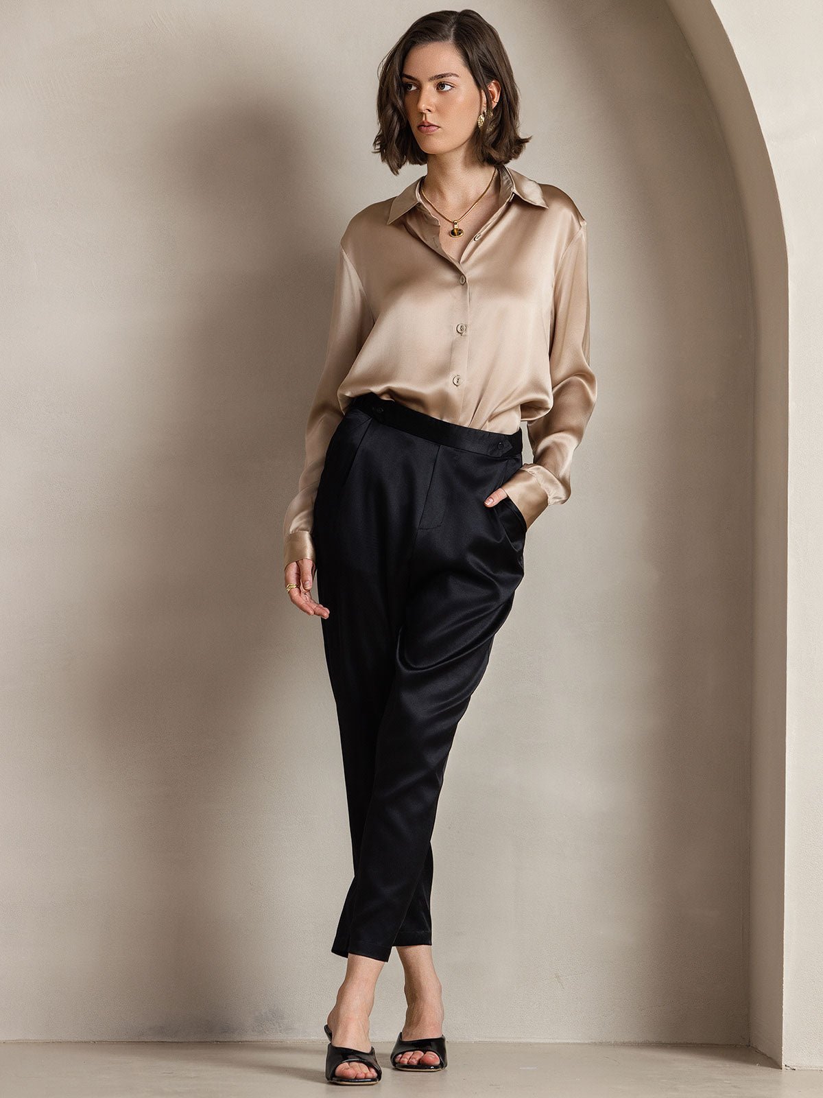 19Momme Silk Long Sleeve Lapel Collar Women's Shirt - Image 15