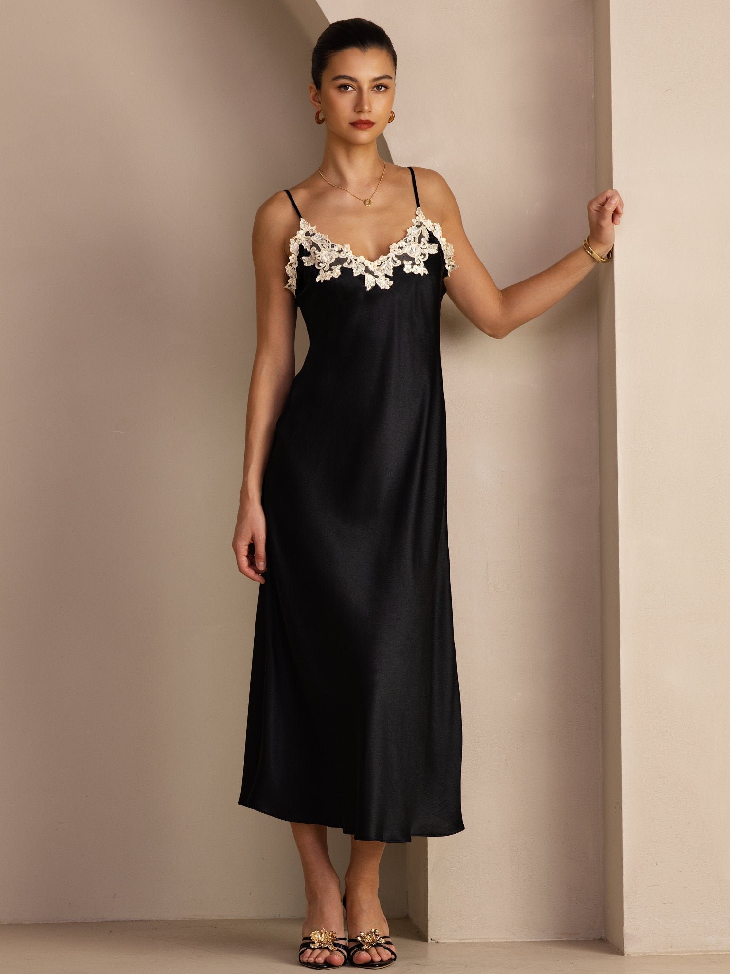 Pure Silk Spaghetti Strap V Neck Midi Dress with Lace V-Back Design - Image 18