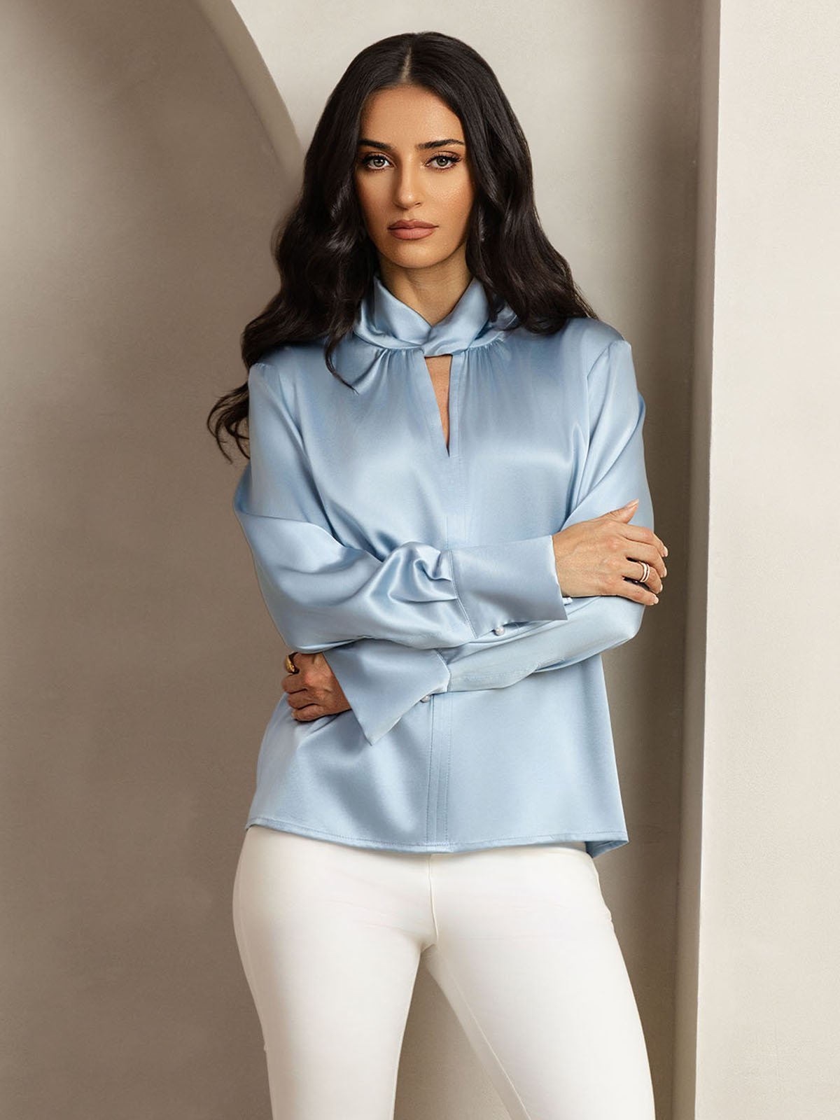 19Momme Silk Keyhole Neck Blouse with Pearl Buttons - Image 6