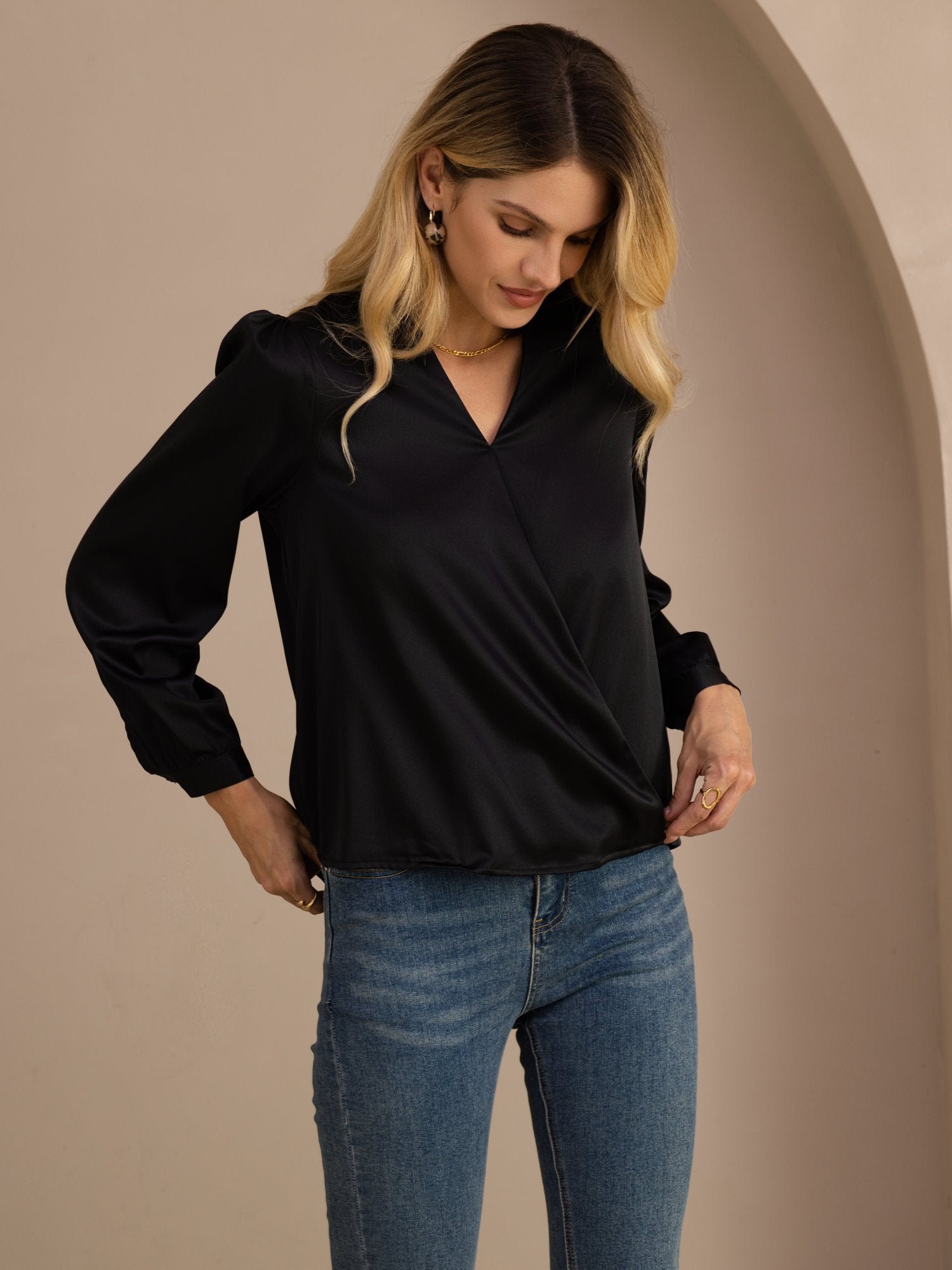 19Momme Silk Women's Wrap Neck Long Sleeve Blouse - Image 10
