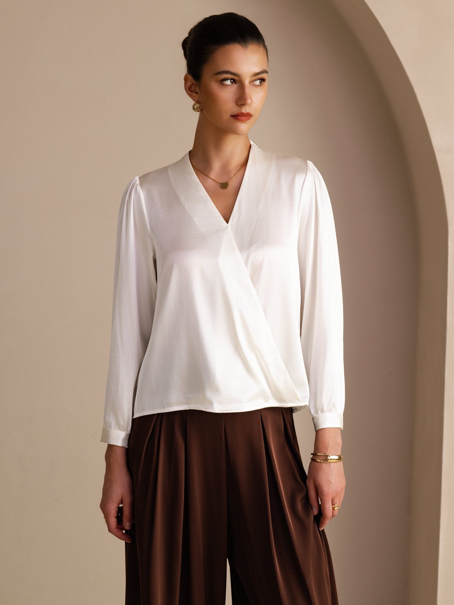 19Momme Silk Women's Wrap Neck Long Sleeve Blouse - Image 14