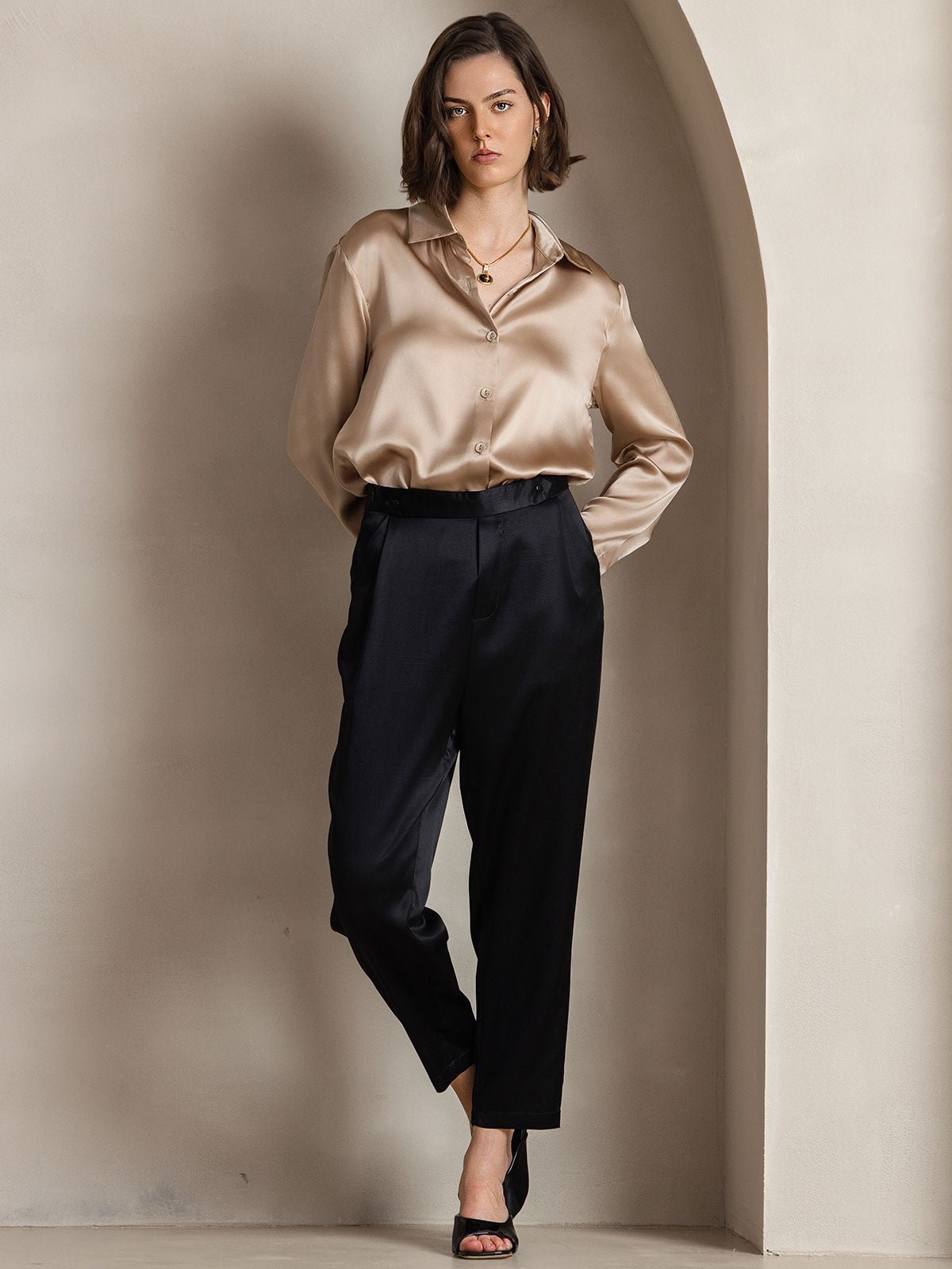 19Momme Silk Long Sleeve Lapel Collar Women's Shirt - Image 11