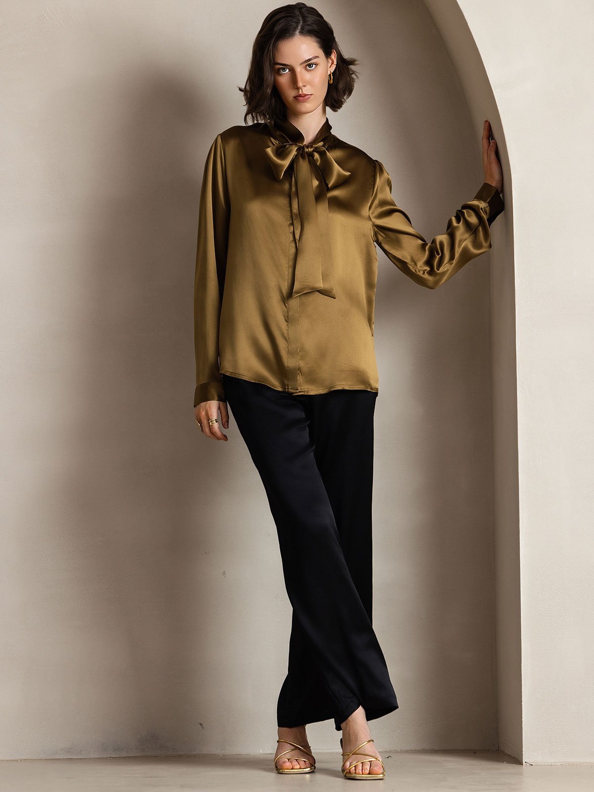 19Momme Silk Long Sleeve Tie Neck Blouse - Image 20