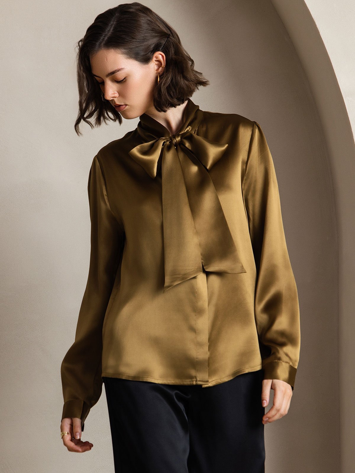 19Momme Silk Long Sleeve Tie Neck Blouse - Image 16