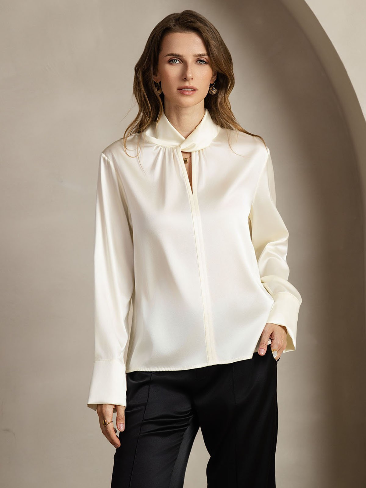 19Momme Silk Keyhole Neck Blouse with Pearl Buttons - Image 14