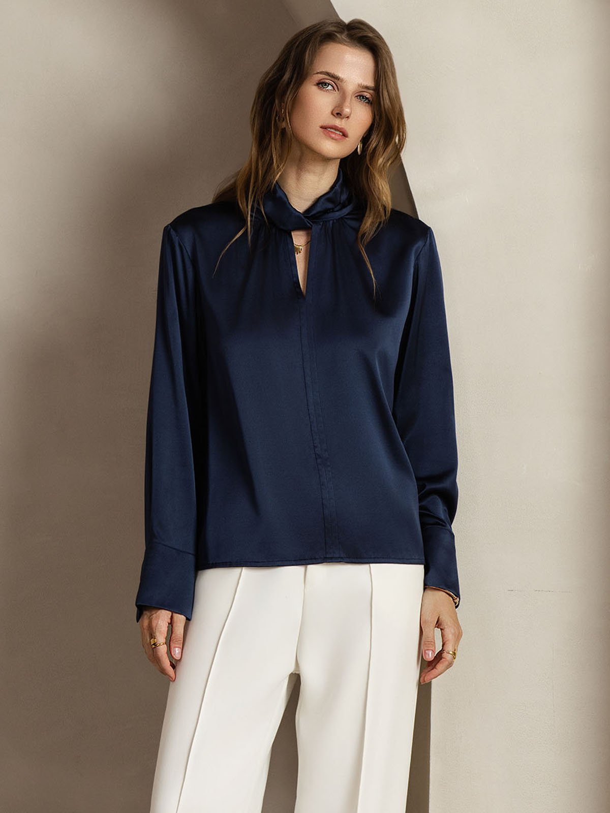19Momme Silk Keyhole Neck Blouse with Pearl Buttons - Image 29
