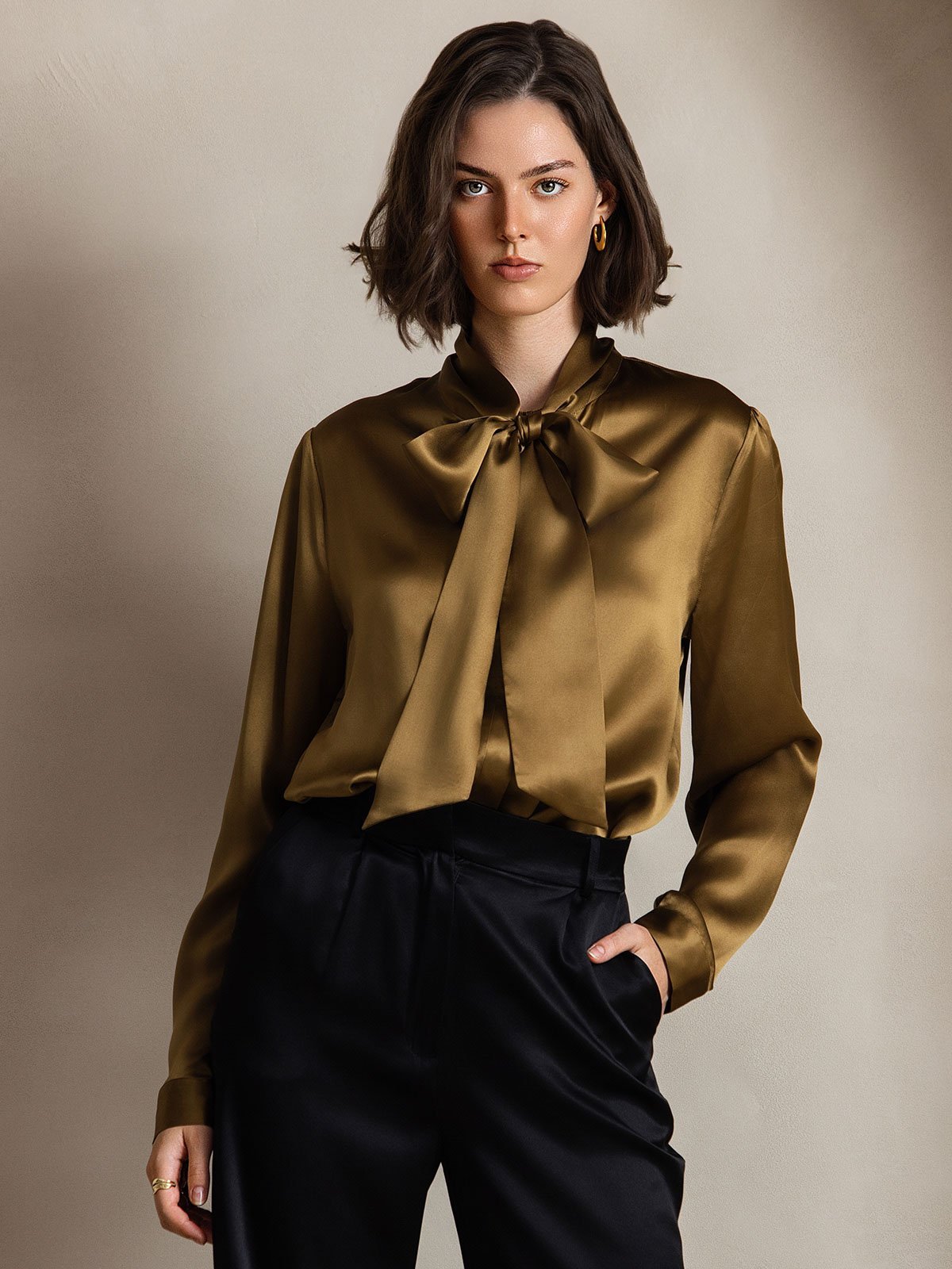 19Momme Silk Long Sleeve Tie Neck Blouse - Image 21