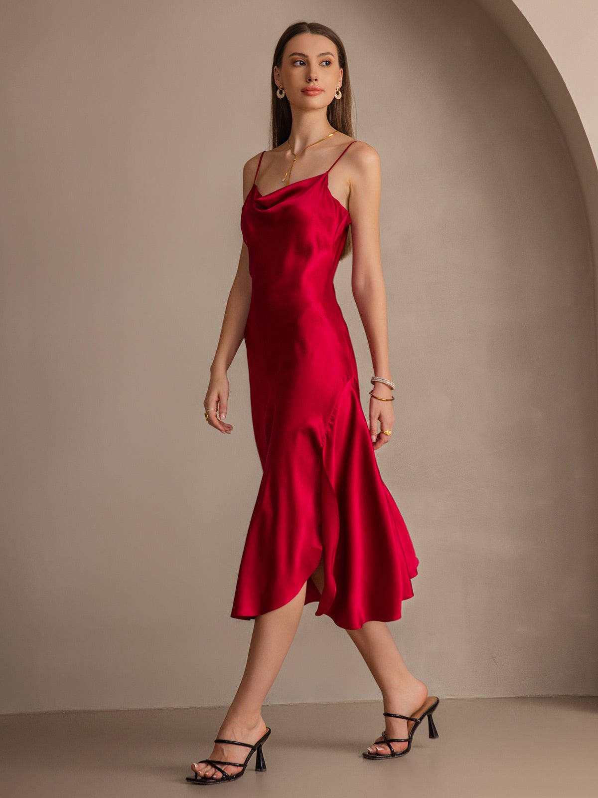 Pure Silk Spaghetti Strap Cowl Neck Bias Midi Dress with Split Design - Image 27