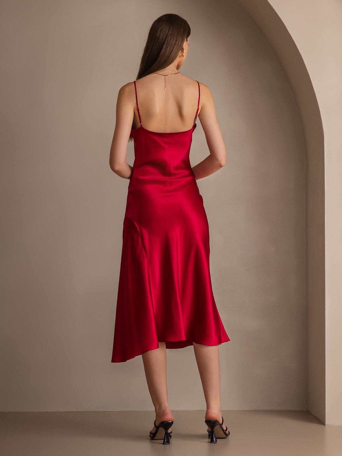 Pure Silk Spaghetti Strap Cowl Neck Bias Midi Dress with Split Design - Image 23