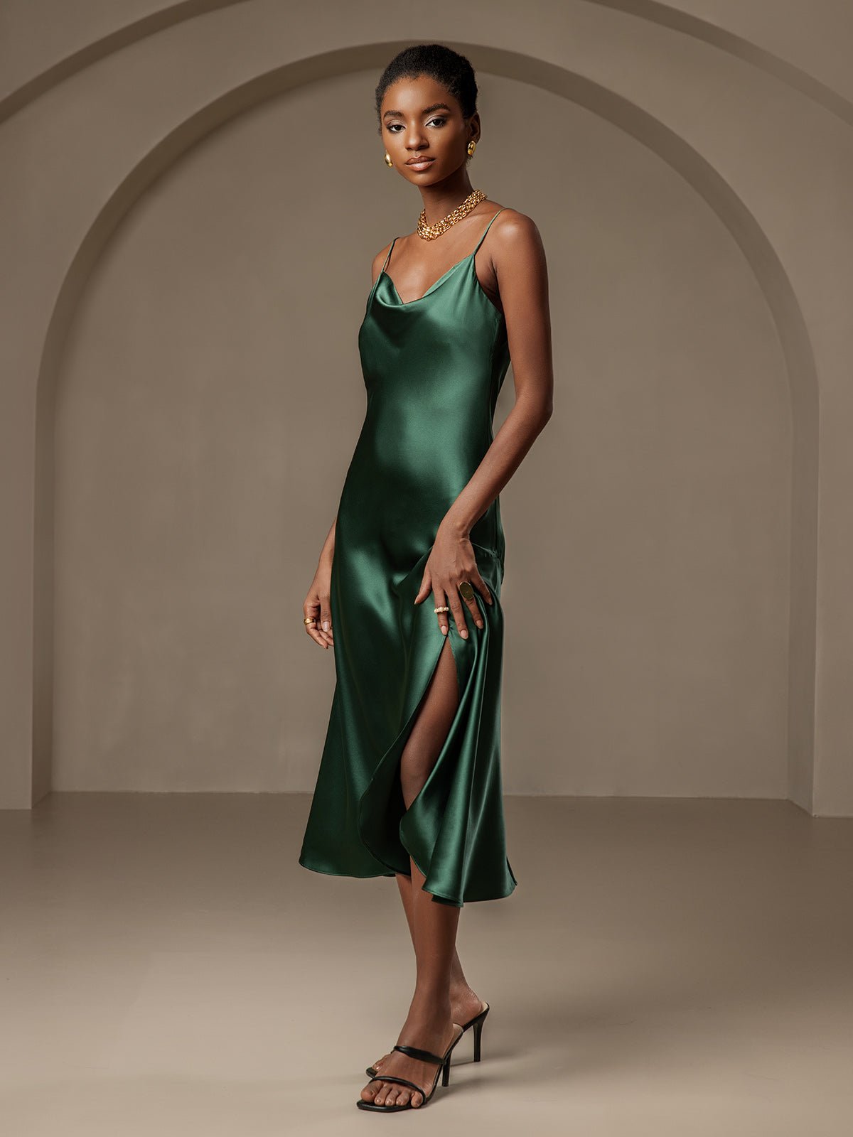 Pure Silk Spaghetti Strap Cowl Neck Bias Midi Dress with Split Design - Image 7